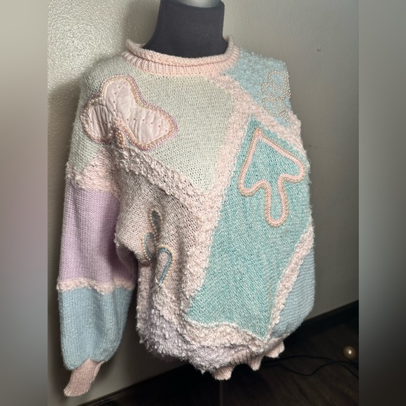 Vintage  Pastel Colorblock
Oversized Kawaii Sweater size small Pearl beaded - Picture 14 of 16